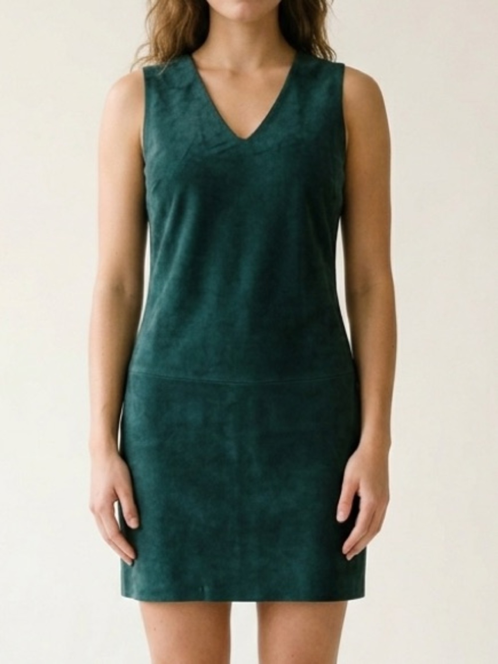 Per Se green, suede, leather and wool sleeveless dress medium.  Stretch